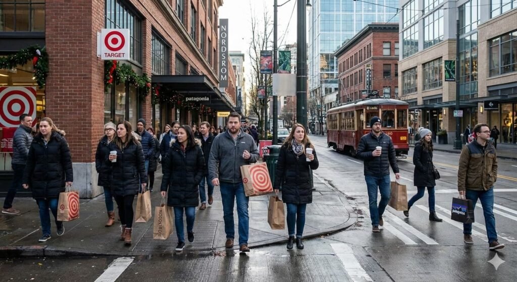 American consumers walking through a city shopping district amid rising living costs