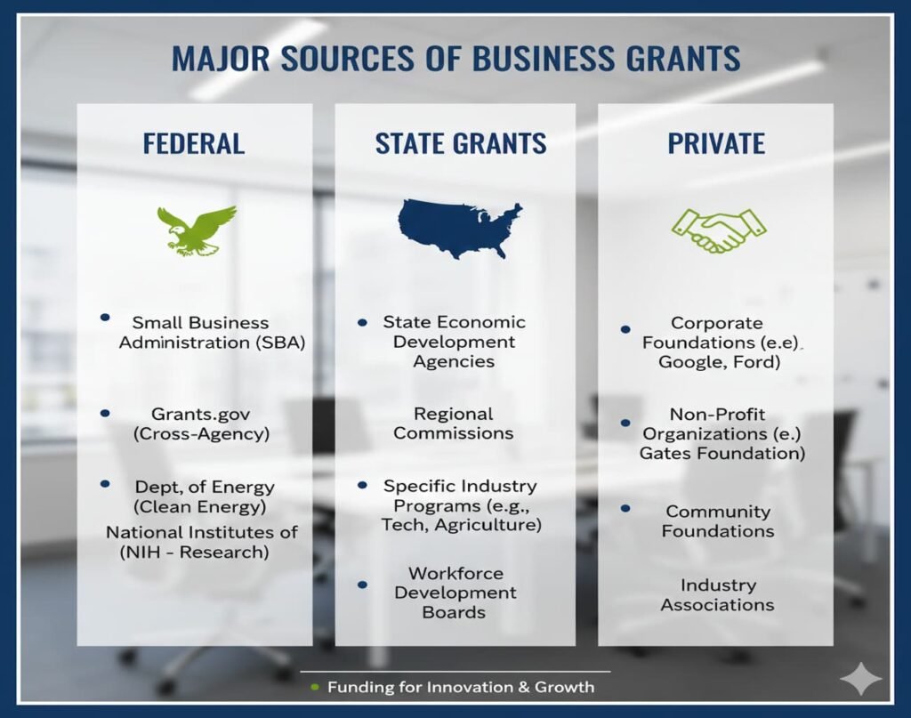 Chart illustrating major sources of business grants at federal, state, and private levels.