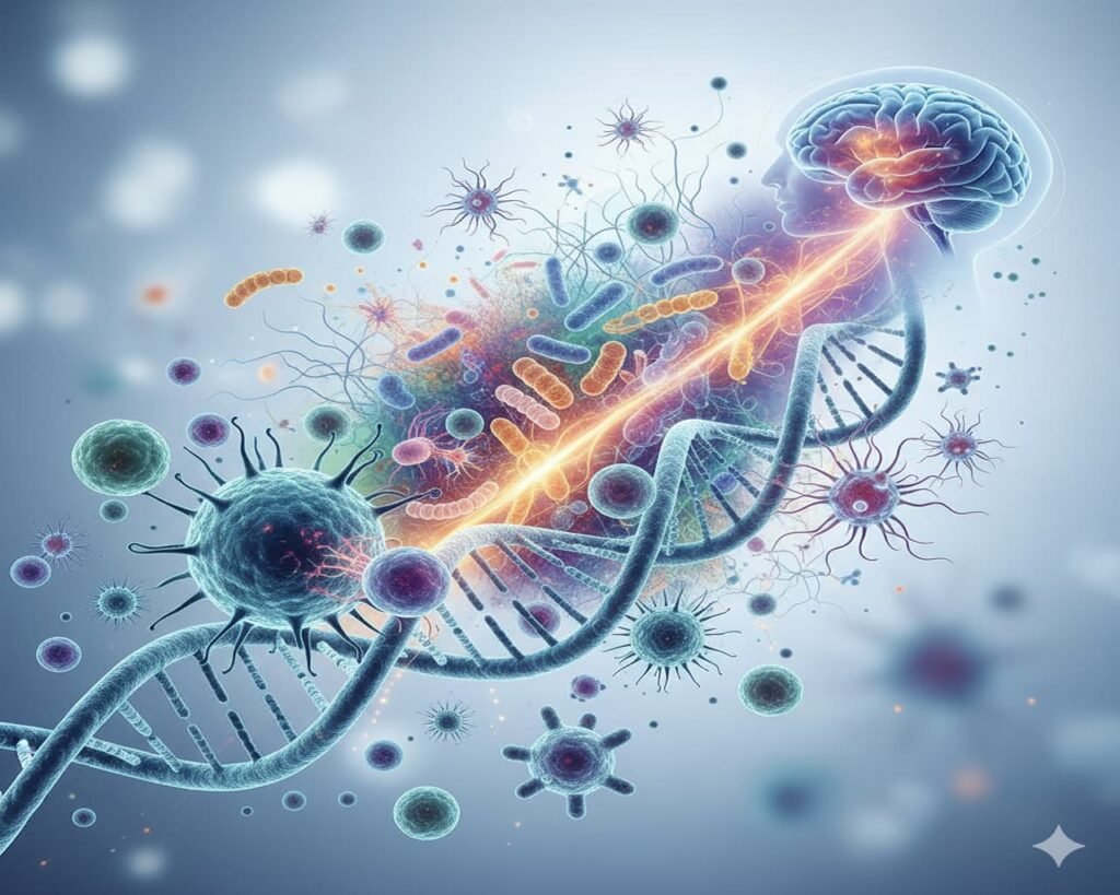 Illustration showing medical science themes including DNA strands, immune cells, microbiome organisms, and brain-body connections.