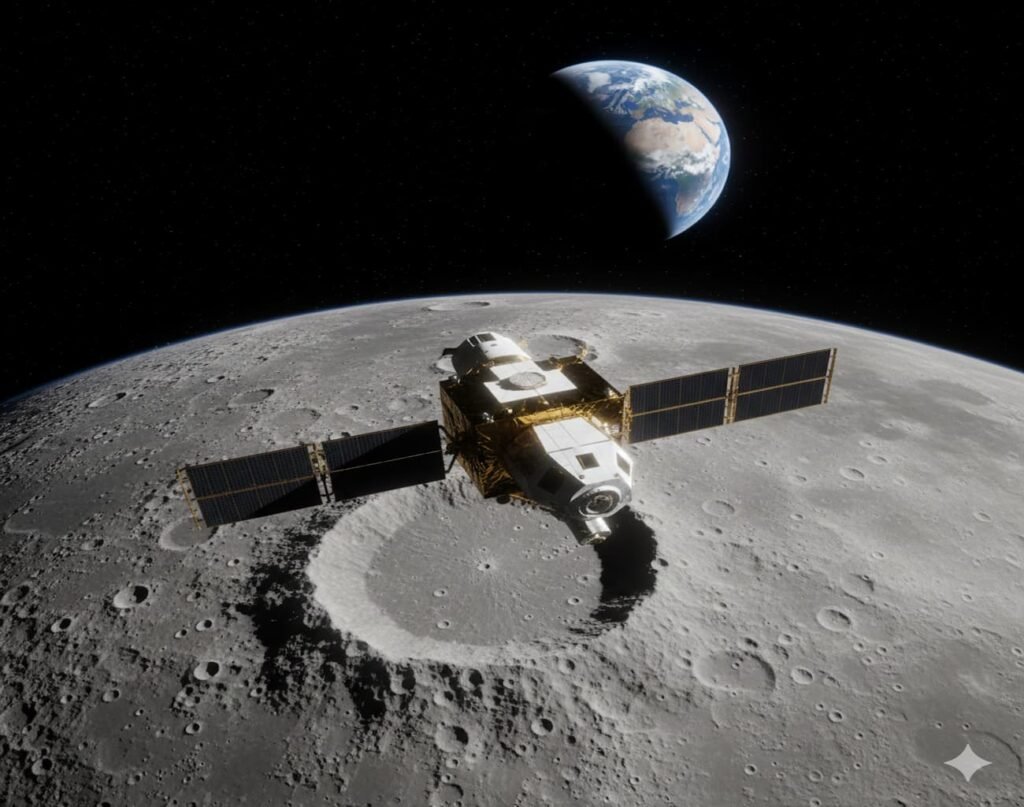 Artemis spacecraft orbiting the Moon above the lunar south pole