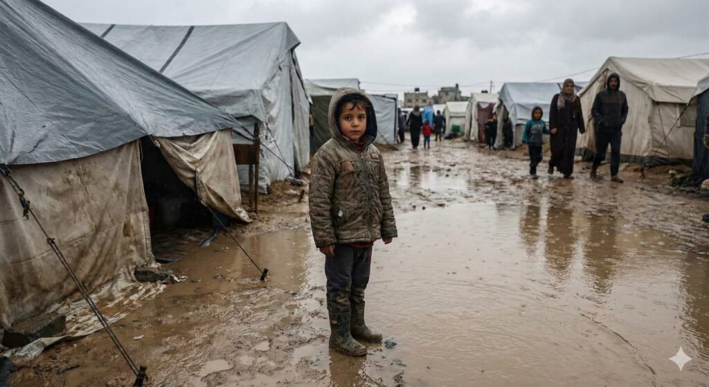 Child in flooded tent camp, Nuseirat – A Palestinian child stands beside a large puddle in a rain-soaked tent camp in central Gaza.