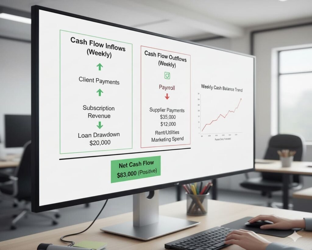 Diagram comparing cash flow inflows and outflows in a weekly forecasting structure.