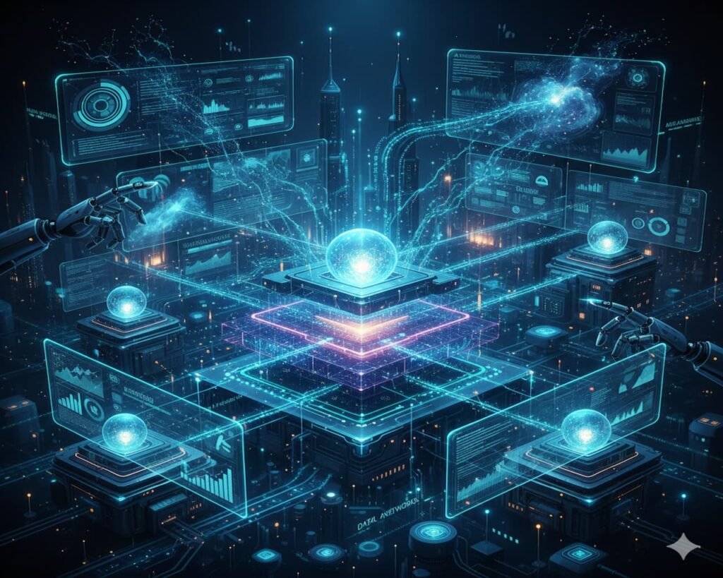 Illustration showing artificial intelligence systems analyzing data with neural network layers and connected nodes.