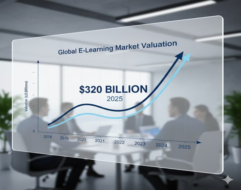 Global e-learning market valuation chart showing $320 billion in 2025.