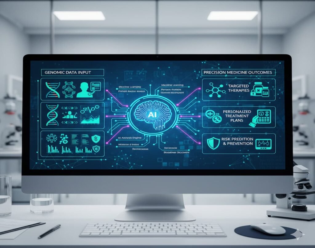 Diagram illustrating AI analyzing genomic data for precision medicine