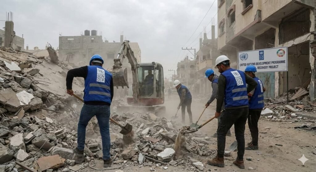 Aid workers clearing rubble in Khan Younis as part of UNDP recovery operations.