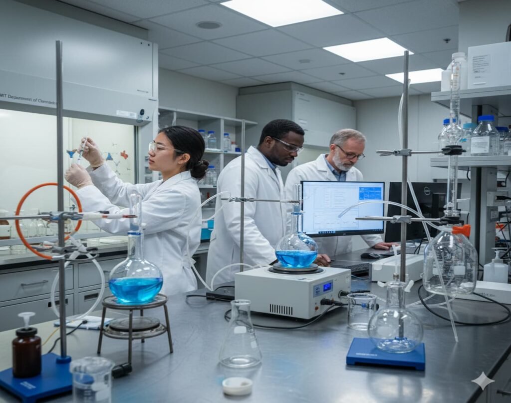 Chemists working in an MIT laboratory during synthesis research