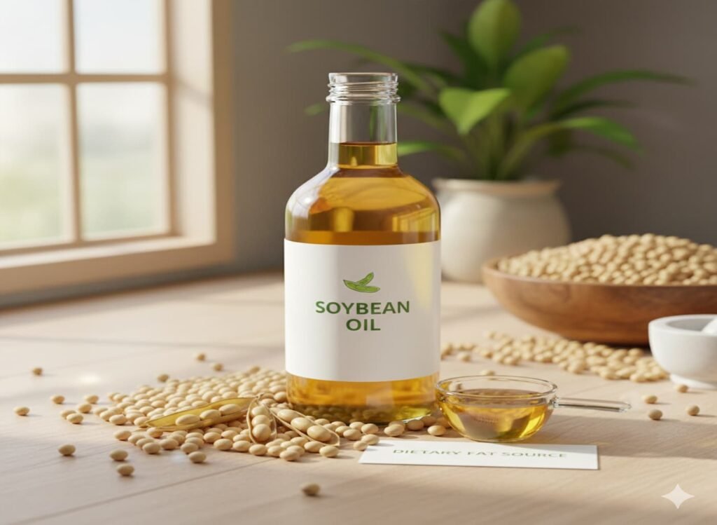 Soybean oil in a glass container on a kitchen counter with soybeans scattered around, illustrating dietary fat sources.