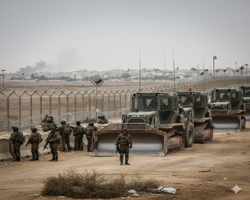 Israeli soldiers positioned near armored bulldozers along the Gaza fence.
