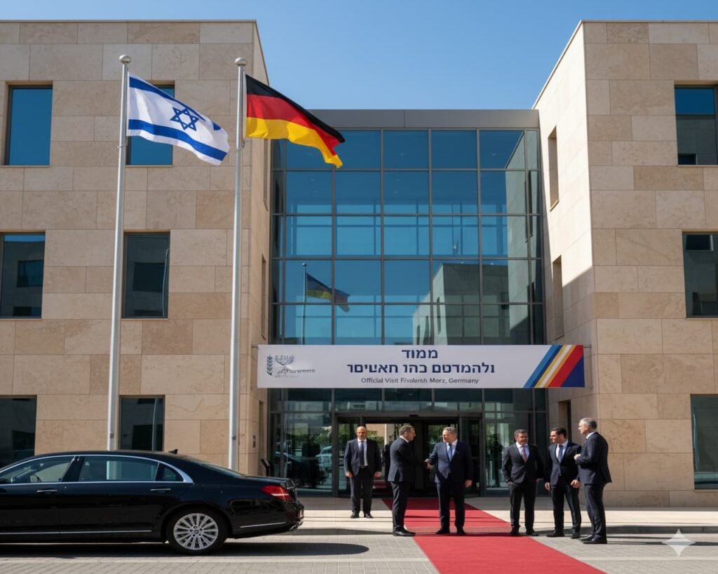 Israeli and German flags displayed during Merz’s official visit to Israel
