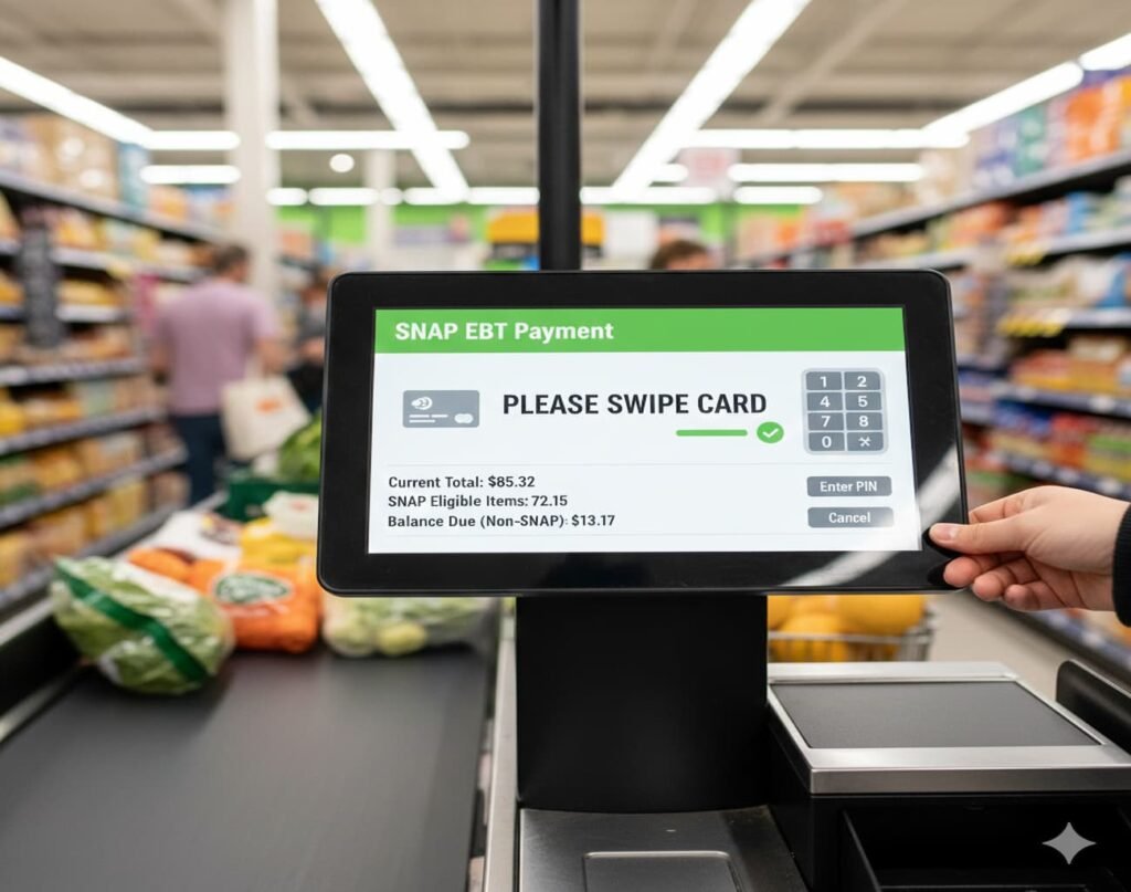 Grocery checkout showing SNAP payment screen