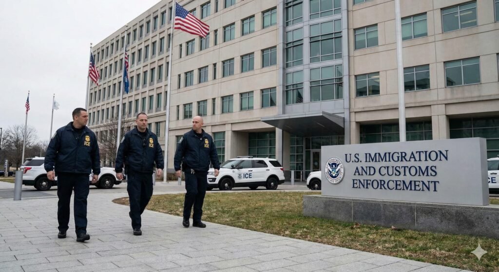 ICE officers walking outside a federal building.