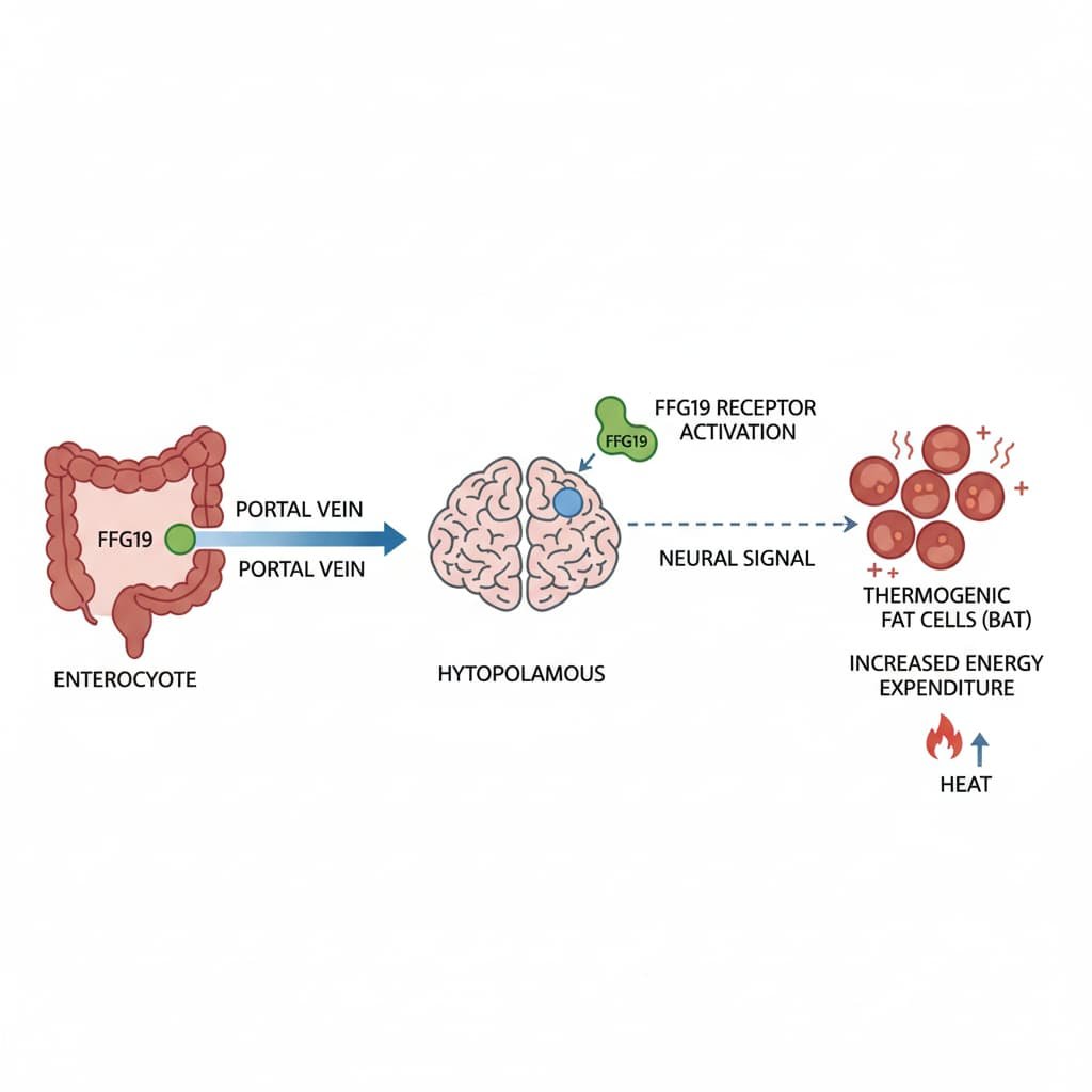 Illustration of gut hormone FGF19 signaling from the intestine to the hypothalamus, activating thermogenic fat cells and increasing energy expenditure.