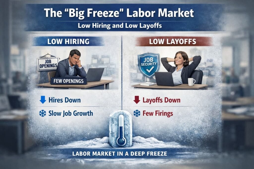Diagram illustrating the “Big Freeze” labor market with low hiring and low layoffs.