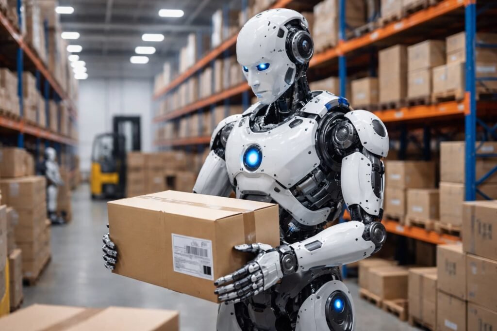 Humanoid robot working in a logistics warehouse.