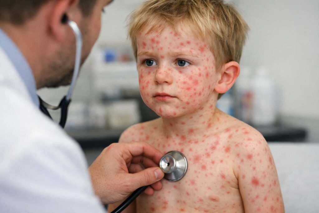 Child showing measles rash during clinical examination.
