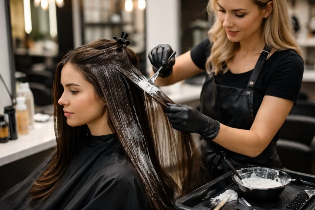 Hair stylist applying chemical straightening treatment in a salon