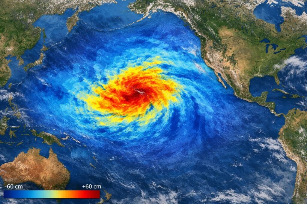 Satellite altimetry image showing sea surface height variations caused by a tsunami crossing the Pacific Ocean