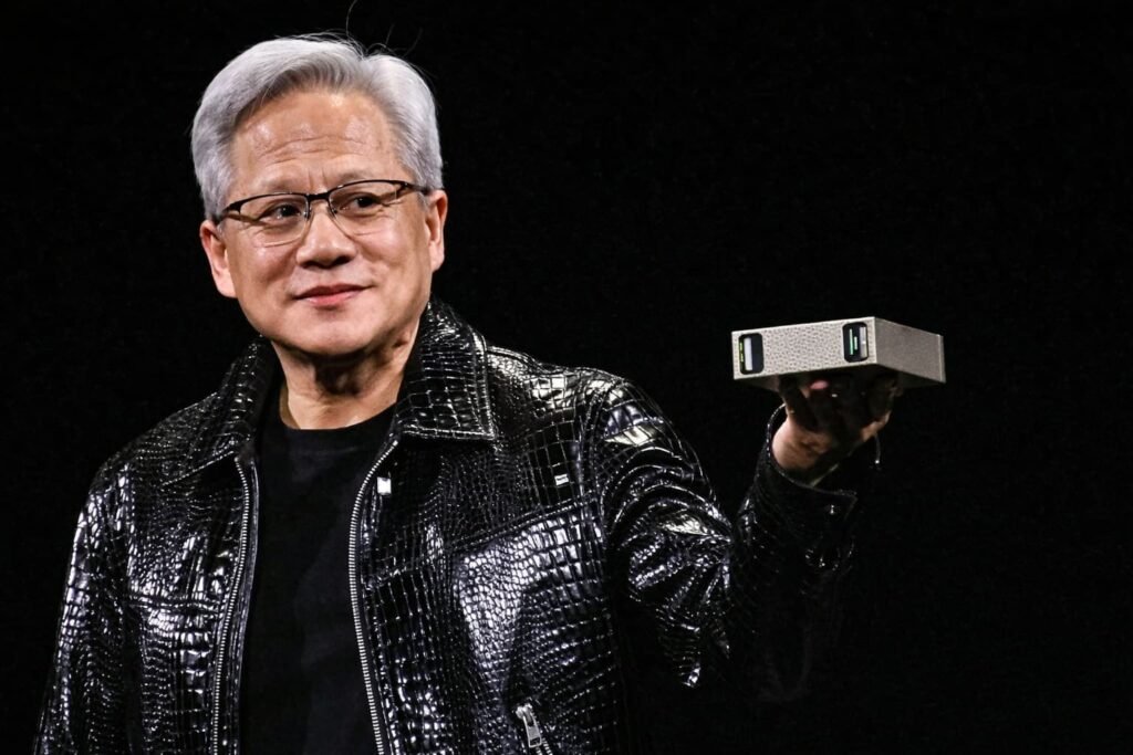Nvidia CEO Jensen Huang presenting next-generation AI chips at CES 2026