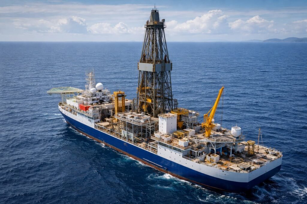 Ocean drilling vessel attempting to reach Earth’s mantle at the Mohorovicic Discontinuity in the western Pacific
