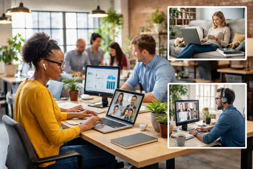 Employees working in a hybrid U.S. workplace environment