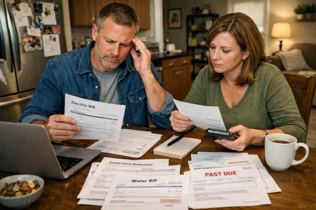 American household reviewing monthly bills and expenses”