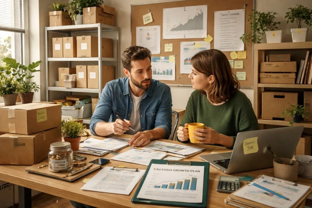 Small business workspace reflecting cautious growth decisions