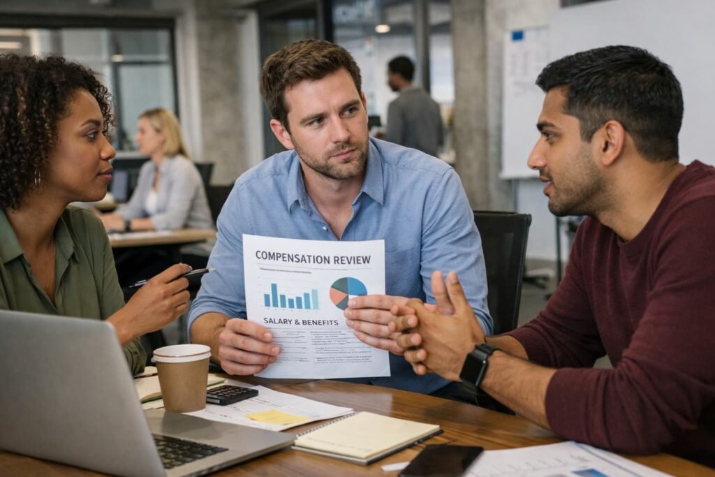 Employees discussing compensation in modern U.S. workplaces