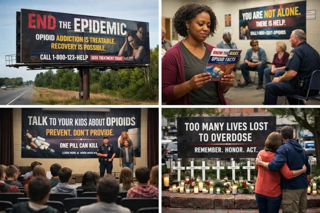 Campaigns addressing opioid addiction and prevention across American communities