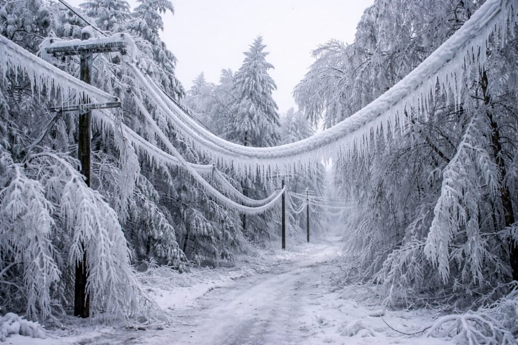 Ice-covered power lines and trees sagging under heavy accumulation.