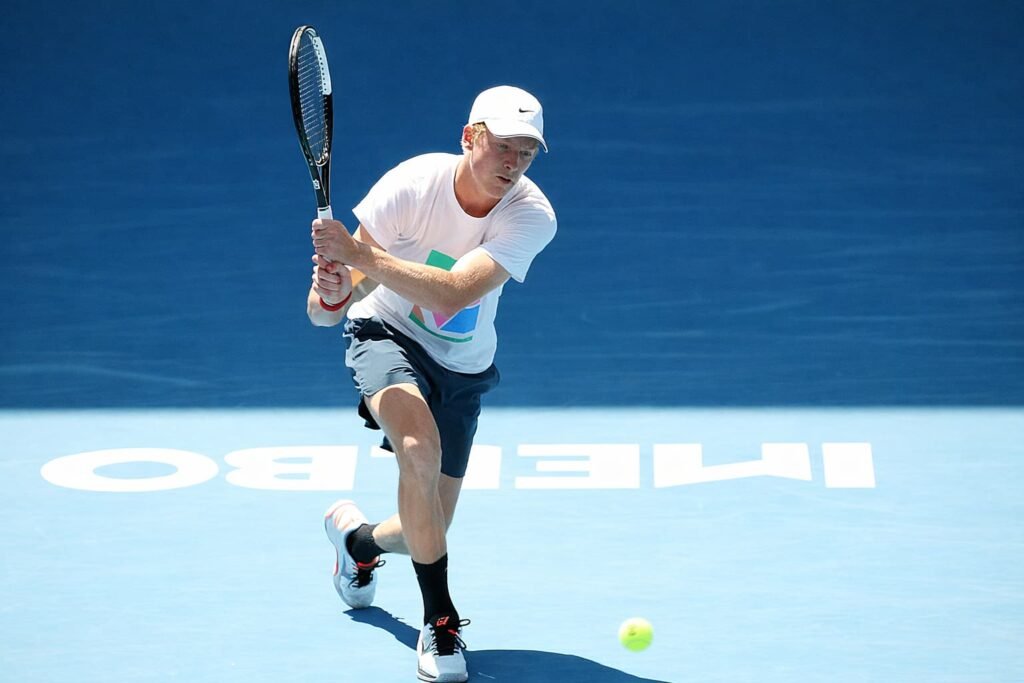 Lorenzo Musetti playing a forehand at Australian Open 2026