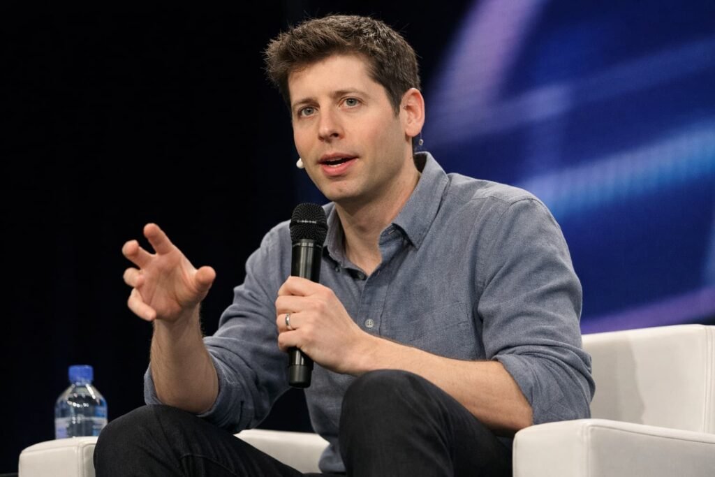 OpenAI CEO Sam Altman speaking at a technology conference
