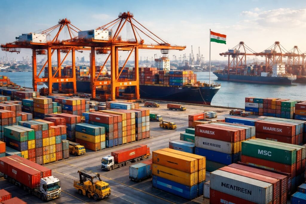 Image of shipping containers at an Indian port representing global trade flows.
