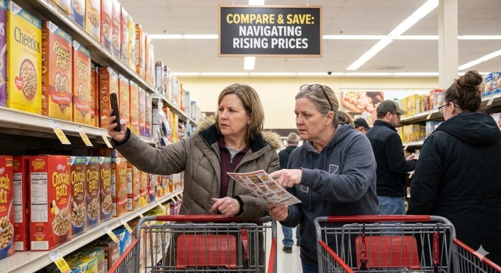 American shoppers comparing prices amid rising costs