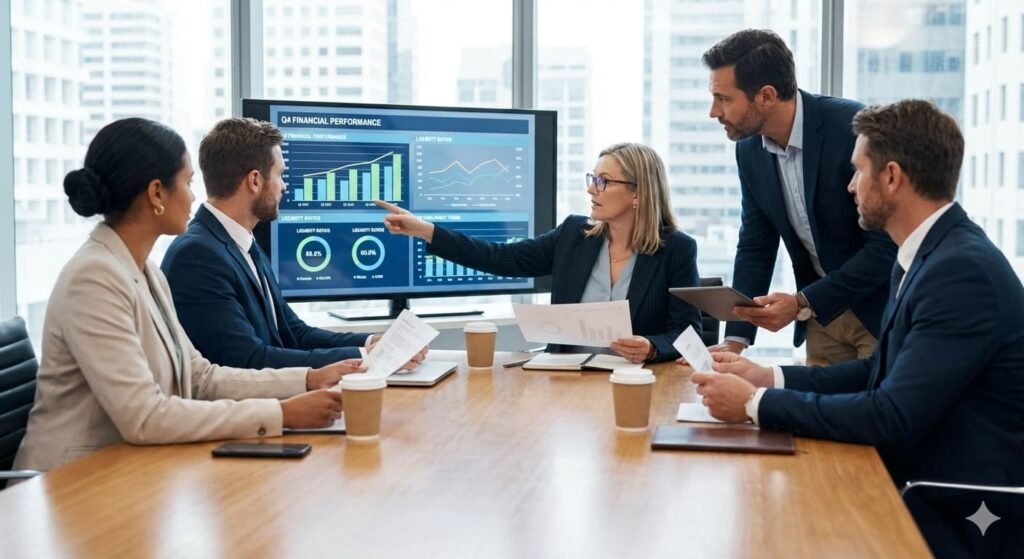 Business leaders reviewing financial performance and liquidity