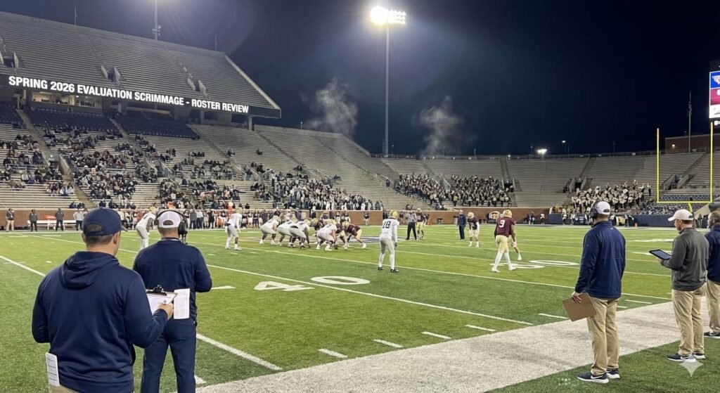 College football stadium during a night game as teams evaluate roster changes for the 2026 season.