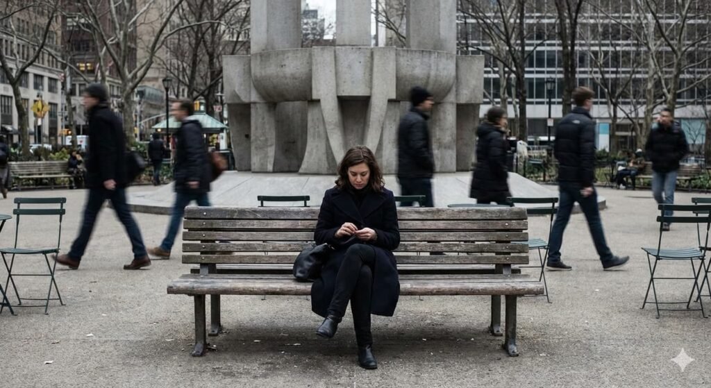 Person sitting alone in a public space reflecting social isolation