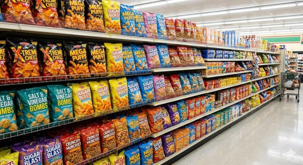 Grocery aisle displaying ultraprocessed snack foods