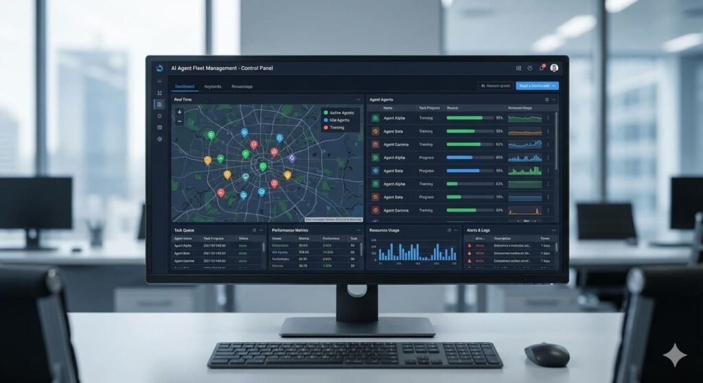 Control interface managing multiple AI agents in enterprise software.
