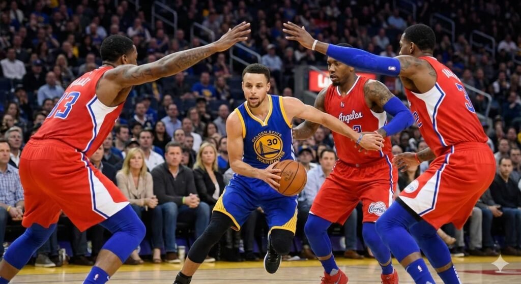 Stephen Curry guarded tightly by Clippers defenders