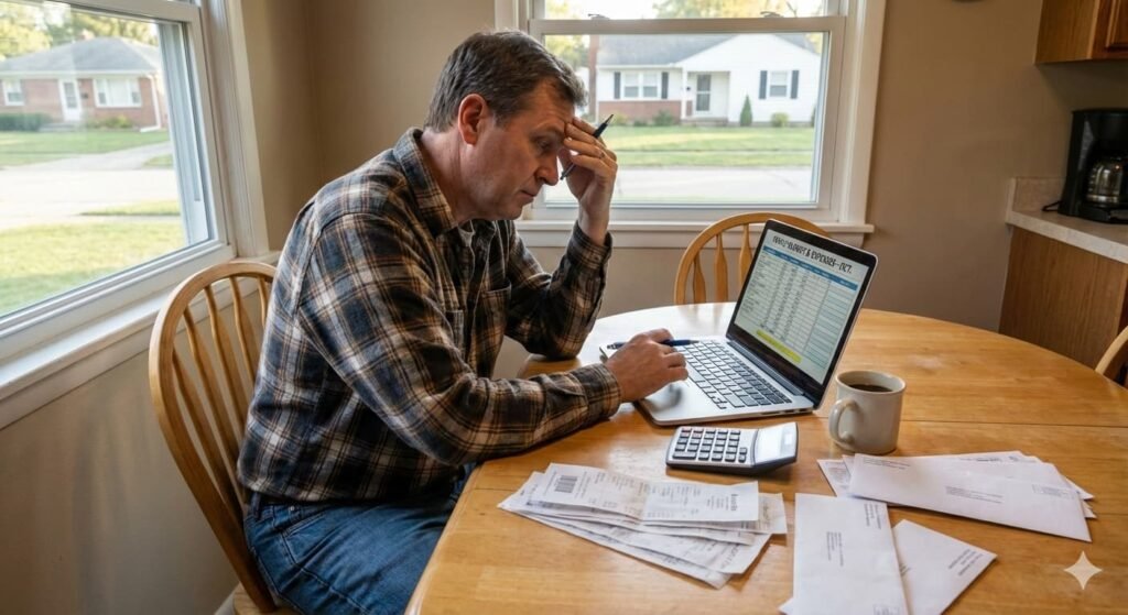 American worker reviewing household budget and expenses