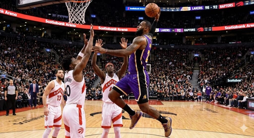LeBron James driving to the basket against Raptors defense