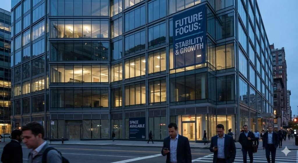 Image of an office building symbolizing corporate workforce reductions and stabilization trends in the U.S. labor market.