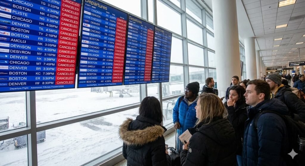 Airport departure board filled with canceled flights during winter storm.