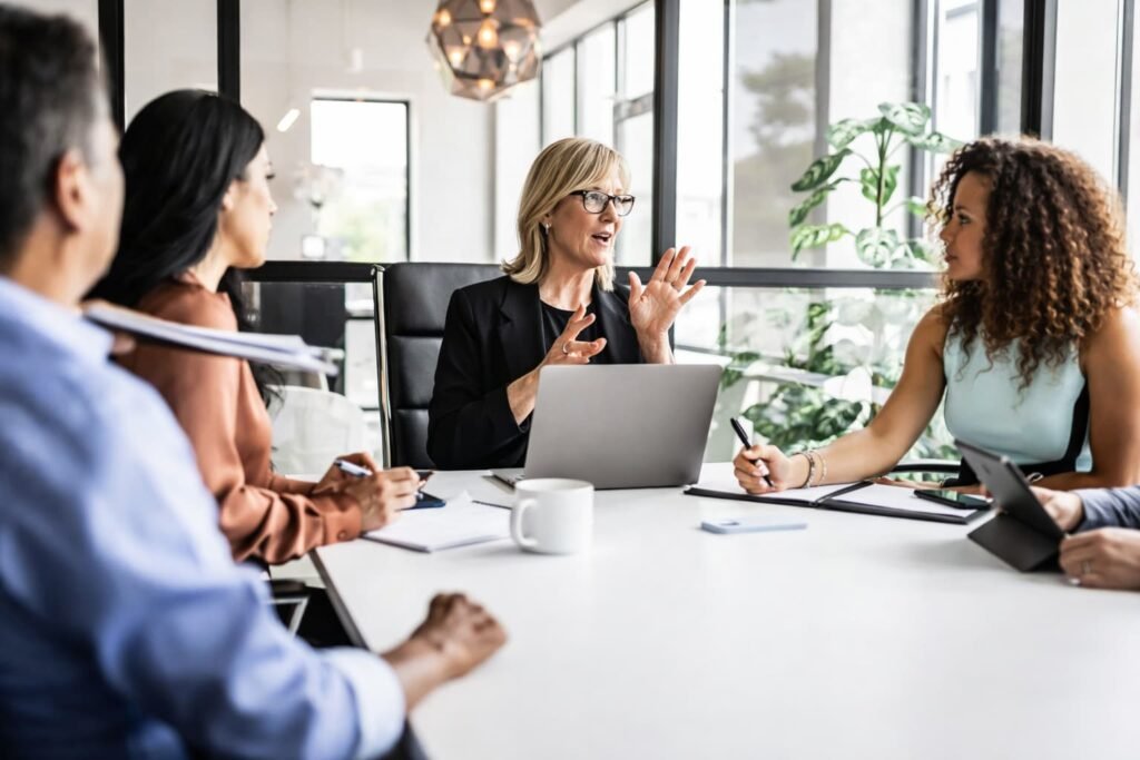 American executives presenting strategy to board members