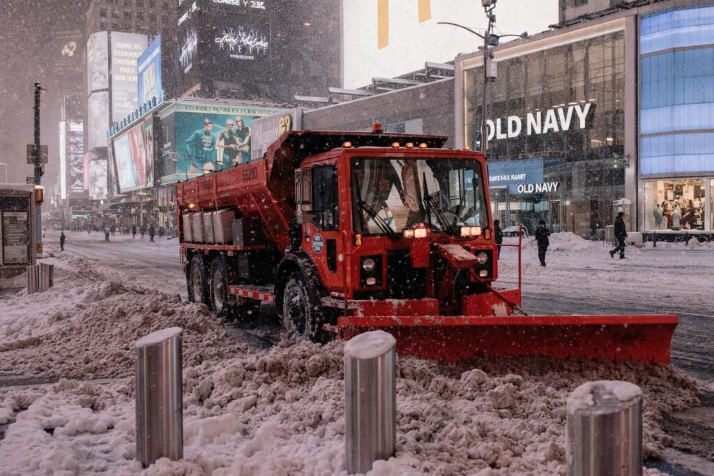Heavy snow falling on New York City street during winter storm