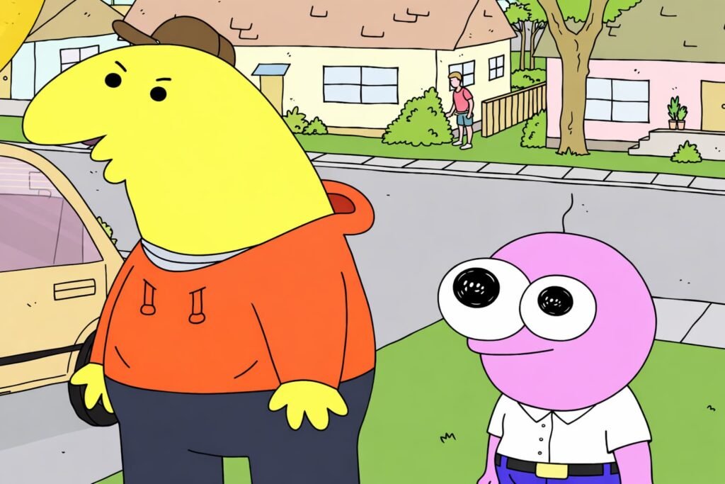 Smiling Friends characters Pim and Charlie in a scene