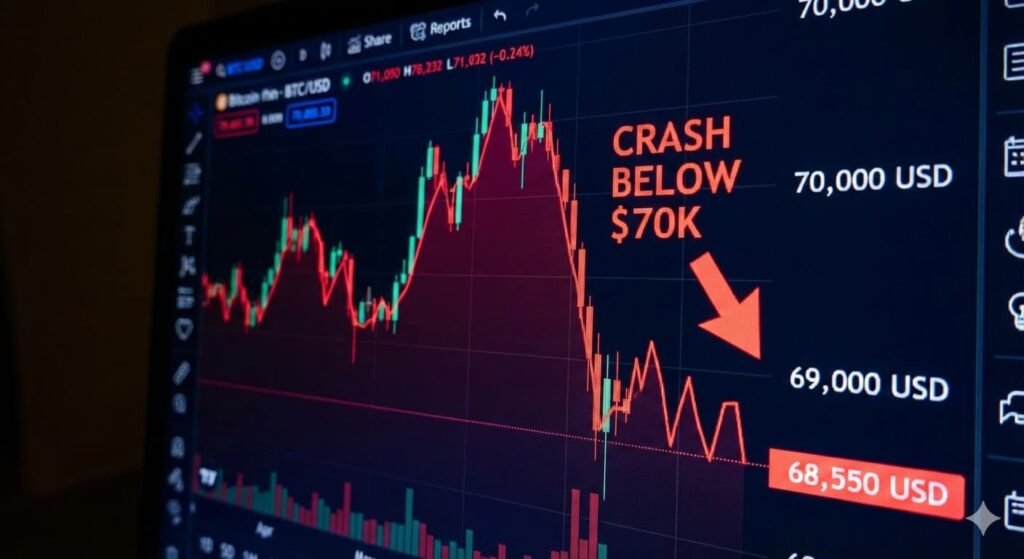 Bitcoin price chart showing a sharp drop below $70,000. make image