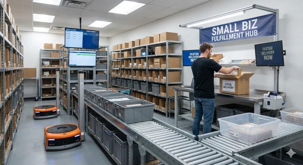 Automated micro-fulfillment warehouse used by small businesses for faster delivery.