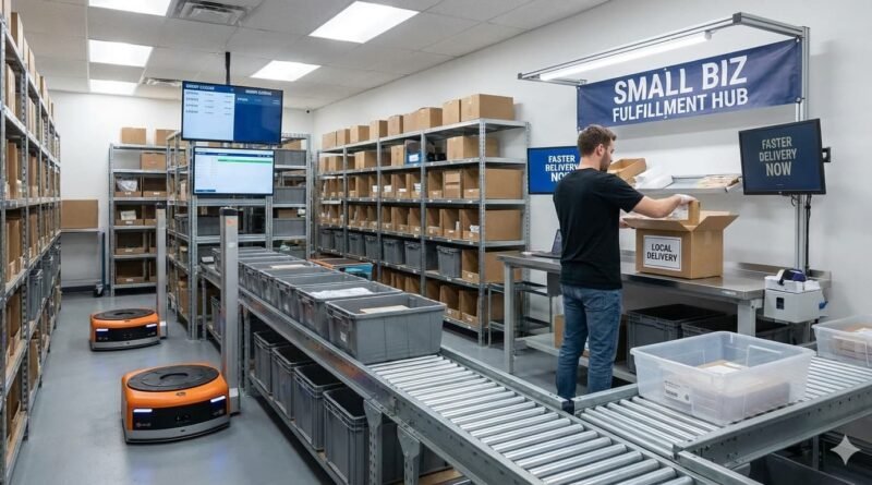 Automated micro-fulfillment warehouse used by small businesses for faster delivery.